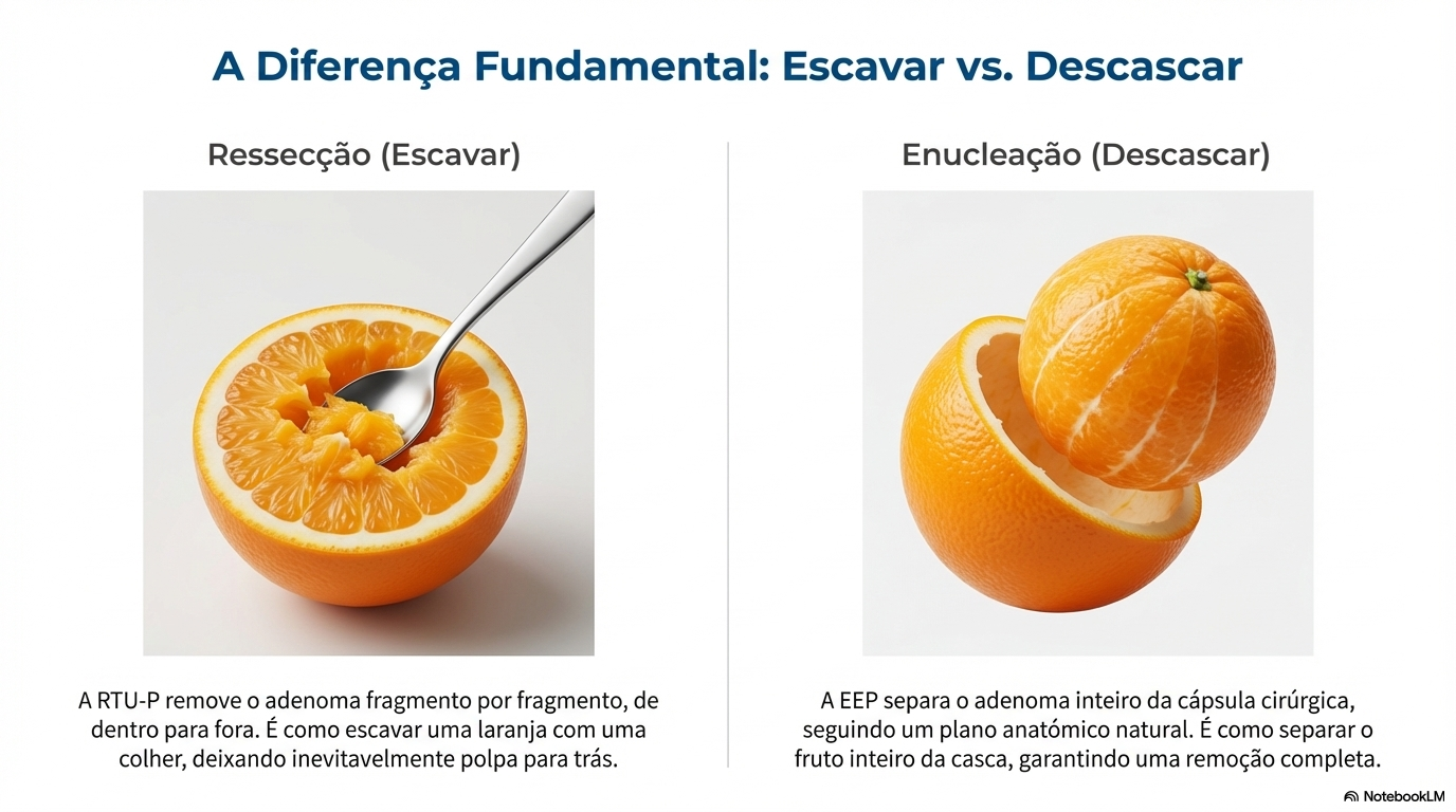 Diferença fundamental entre ressecção e enucleação — escavar vs. descascar